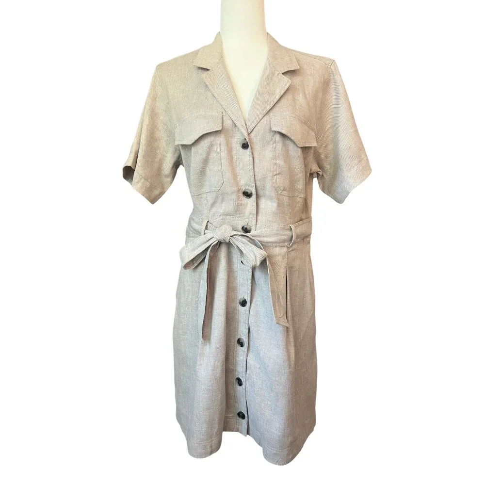 Banana Republic Linen Blend Belted Shirt Dress Khaki Beige Button Front Size 12 - Picture 1 of 7
